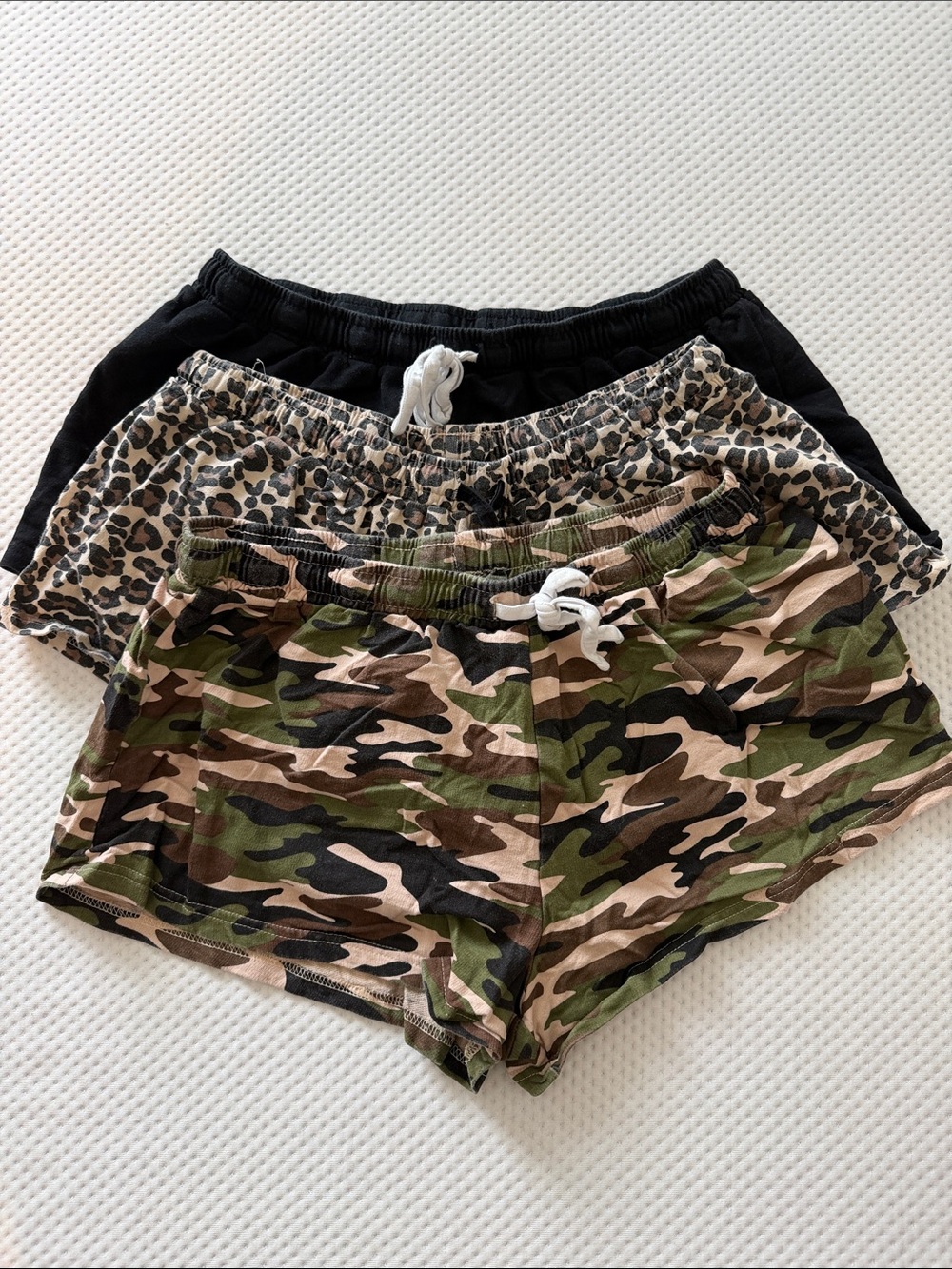 3 Pack - Women’s Athletic Lounge Shorts Pack - Black, Leopard, and Green Camo